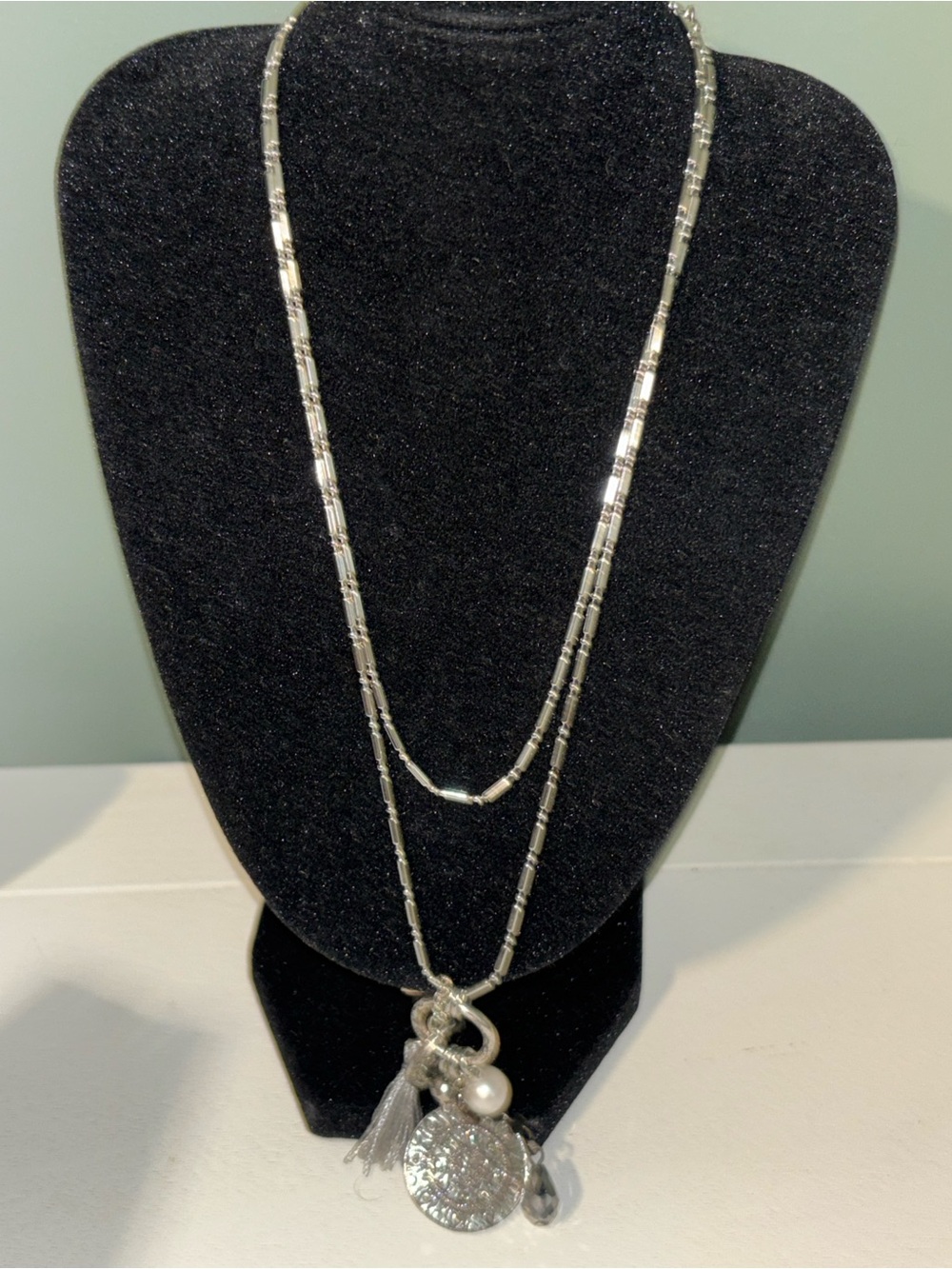 J. Jill Silver-Tone Layered Pendant Necklace with Tassel and Disk Charms NWT